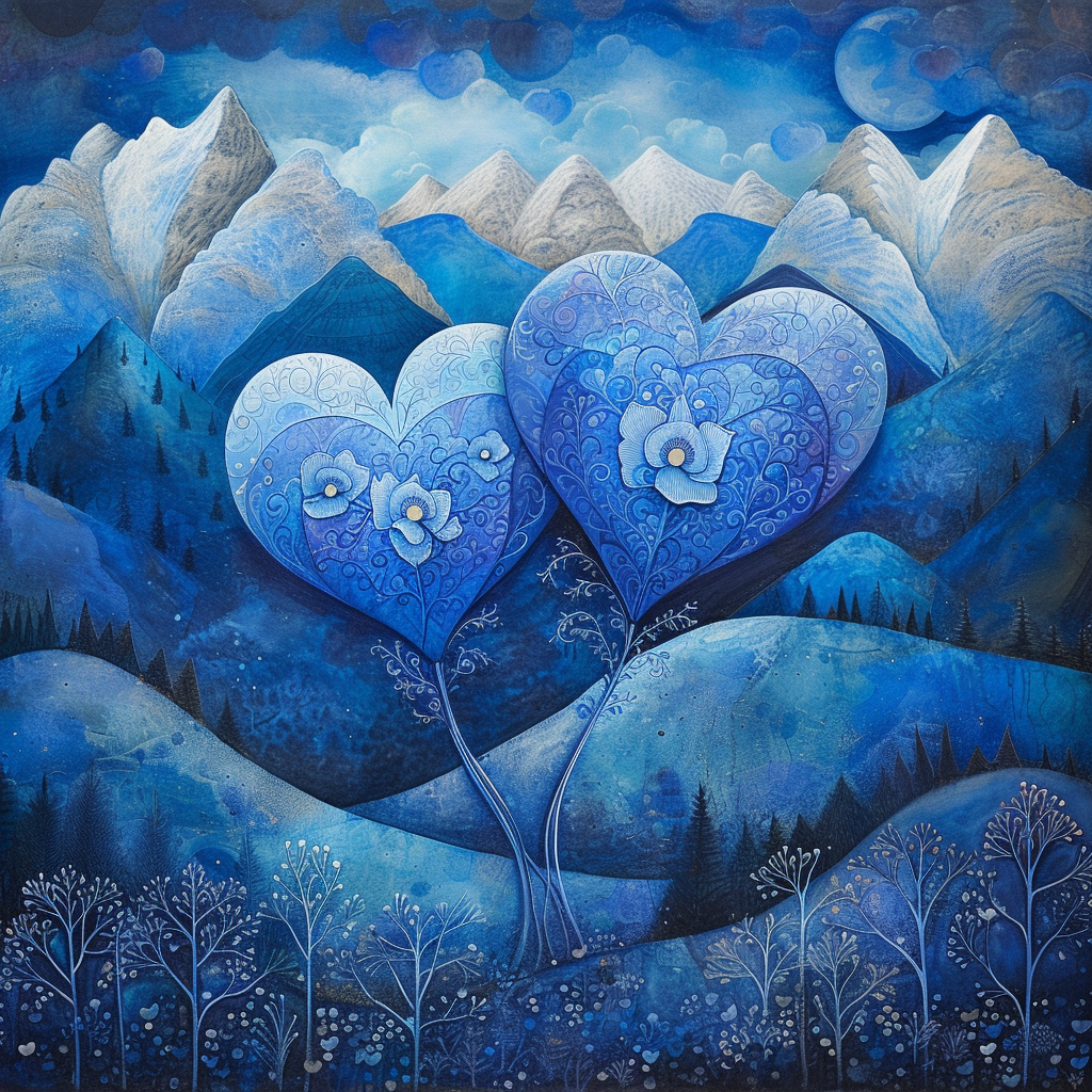 Künstlerisch gestaltete Berglandschaft in Blautönen mit eingebetteten Herzen, die die Liebe zur Natur und romantische Stimmung symbolisieren.