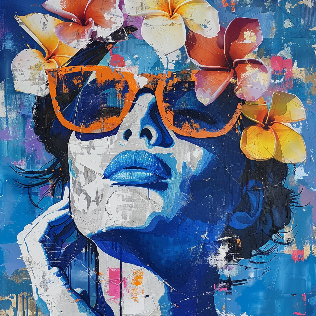 Farbenfrohes Porträt einer Frau mit Sonnenbrille, geschmückt mit lebhaften Frangipani-Blumen im Haar, auf einem abstrakten blauen Hintergrund mit Texturspuren.