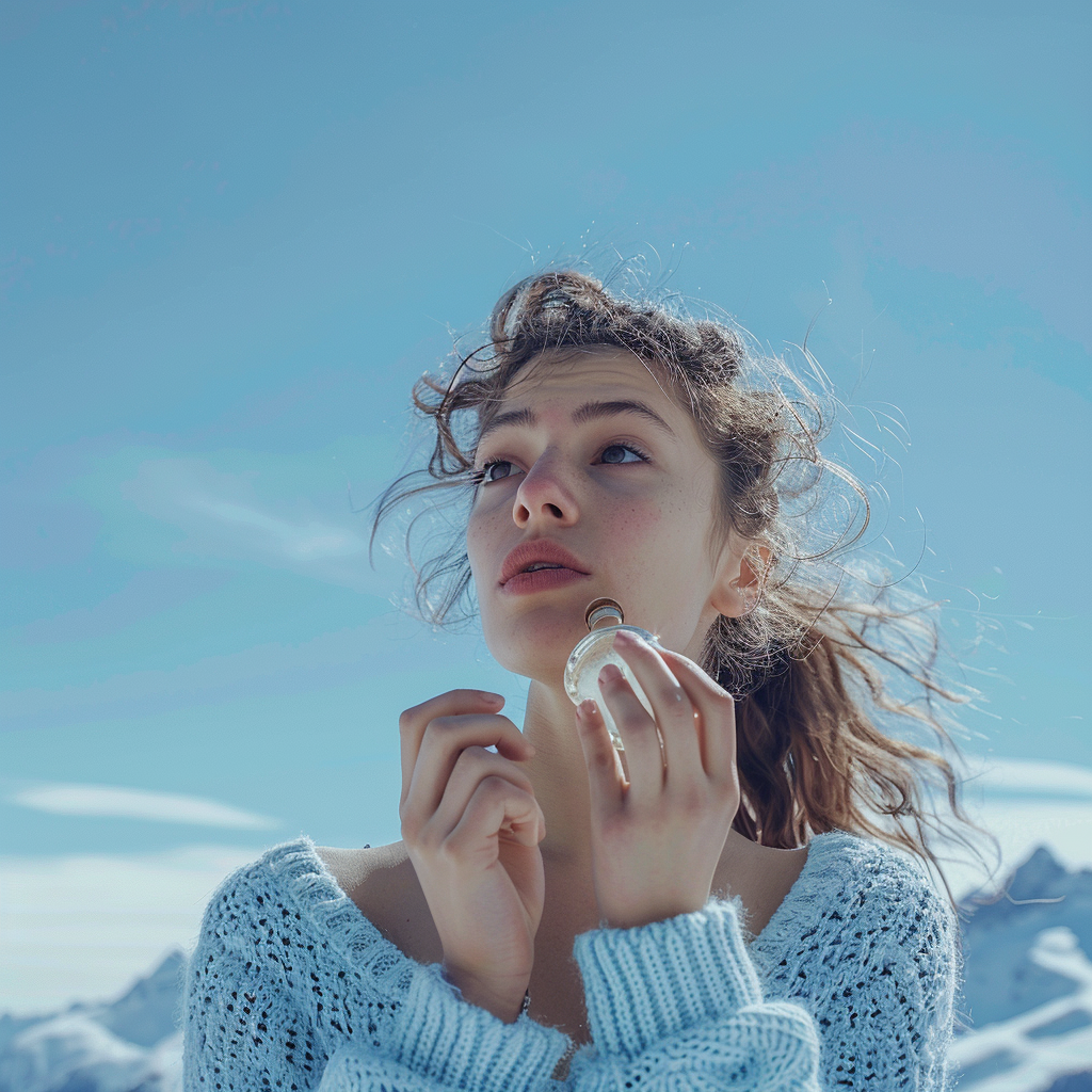 Frau mit Parfumflakon vor verschneiter Alpenkulisse – Anwendung eines Duftes im Winterlicht